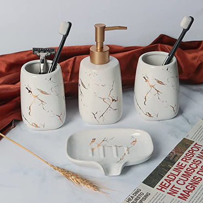 4 Pcs Creative Golden White Ceramics Bathroom Accessories Set, Include Lotion Dispenser Soap Pump, Toothbrush Holder, Tumblers, Soap Dish (Ceramic White)