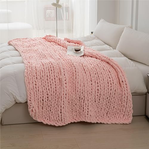 Chunky Knit Blanket Throw 51"×63" for Couch Pink | 100% Handmade Knitted Throw Blanket Fluffy Soft Blanket with Jumbo Chenille Yarn Thick - color: Pink, size: 50"*60"