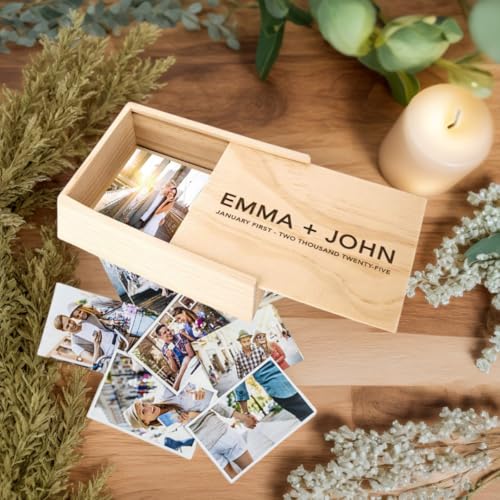 Koyal Wholesale Custom Engraved Minimal Couple Names Wedding Keepsake Box, 4 x 6 -inch, Custom Date, Natural Wood Keepsake Box with Lid, Gift for Him & Her Photo Album Memory Gift Box - color: Minimal Couple Names