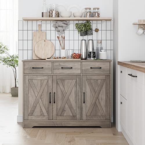 HOSTACK Kitchen Buffet Cabinet with Storage, Sideboard Coffee Bar, Grey | Farmhouse Kitchen Storage Cabinet with 3 Drawers & Adjustable Shelf, 42.5"W Buffet Table for Dining Living Room, White - color: Ash Grey