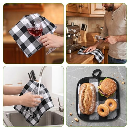10 Pcs Buffalo Check Dish Towels Pot Holders Oven Mitts Set, Polyester Cotton Plaid Kitchen Napkins & Non-Slip Heat Resistant Oven Gloves & Placemats for Cooking Baking Grilling Farmhouse Decor (Black