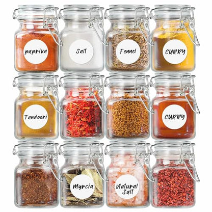 SKOCHE Spice Jars 20 Pack Small 4 oz Glass Jars Spice Jars Herb Jars | Spice Herb Jars with Airtight Hinged Lids, 4oz Glass Jars with Labels and Silicone Funnels Ideal for Spice Herbs - size: Small