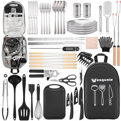 Wesqunie Camping Cooking Utensils Set, Cookware Set for Outdoor Hiking BBQ | Stainless Steel & Silicone Mess Kit, Durable Outdoor Kitchen Gear for Hiking, RV, Picnic Grill & Travel Camping Meal Prep - color: 50PCS Black
