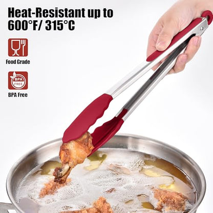 Doosu 600°F Heat Resistant Kitchen Food Tongs for Cooking with Non-Scratch Silicone Tips(7+9+12in, Red) & 600°F Heat Resistant Spatula Set of 4 for Cooking Baking Stirring (Aqua Sky+Orange+Red+Purple)
