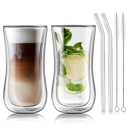 Joeyan Glass Double Walled Beer Drinking Glasses Tumbler, Double Layer Tall Borosilicate Insulated Water Cocktail Glass Cups, Double Lined Thermo Tea Coffee Hot Beverage Glassware 12 oz, Set of 2 - color: 400ml-Clear
