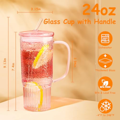 JunVpic Glass Tumbler, 24 oz Glass Cup with Lid, Straw and Handle | Pink glass design, Hammered Texture, reusable straw and lid for iced coffee, tea, smoothies and hot & cold drink - color: Pink, size: 24oz