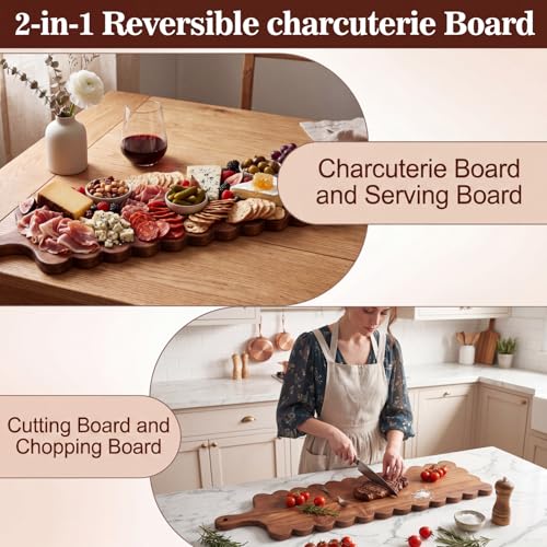 30"x 8" Long Scalloped Charcuterie Board Large Acacia Wooden Cheese Board with Handle & Rope Hanger Decorative Serving Platter for Snacks Appetizers, Housewarming & Entertaining Gift - size: 30"x8"