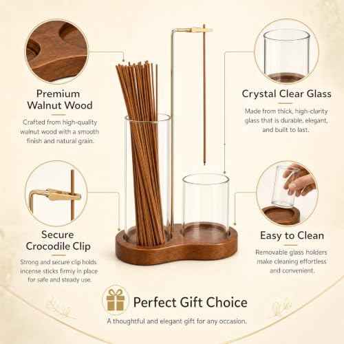 Incense Holder for Sticks with Glass Ash Catcher, 2 in 1 Upside Down Incense Burner with Wooden Base, Minimalist Zen Home Decor