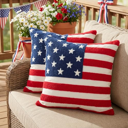 Patriotic American Flag Pillow Covers Set of 2 18x18, Chenille - color: Red, White, Blue, size: 18" x 18" (Pack of 2)