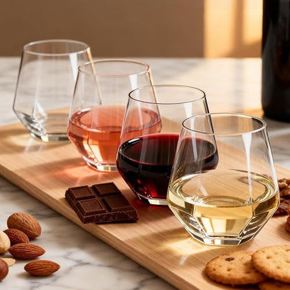 UMEIED 11 oz Diamond Wine Glasses Set of 12, Stemless Geometric Tumblers | For Red Wine, Bourbon, Cocktail, Heavy Base Clear Glass, For Home Bar, Party, Housewarming