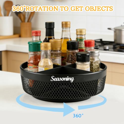 Rotating Spice Rack Organizer, 360° Black Basket for Kitchen | Metal mesh, kitchen countertop and cabinet storage, 360° rotating base, 4 divided sections, non-slip pads