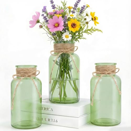 3 Pack Mason Jar Vases for Centerpieces, Green Glass Flower Vase | Vintage Farmhouse Rustic Decorative Jars for Wedding Party Baby Shower Table Decor, Wide Mouth Mason Jars with Twine Bulk - color: Green