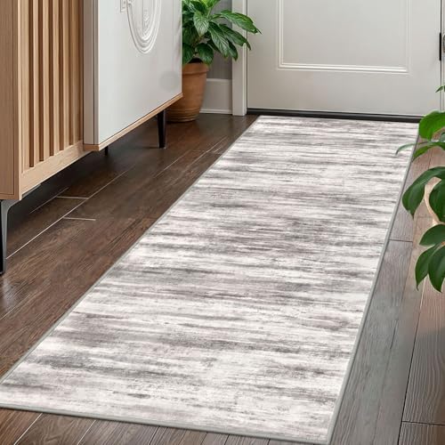 KOZYFLY Modern Abstract Washable Rug Runner 2x5 Hallway Rug Runner Non-Slip Soft Kitchen Runner Rugs, Grey/Light Beige/Brown Striped Carpet for Entryway Bathroom - color: Grey/Light Beige/Brown, size: 2' x 5' (Runner)