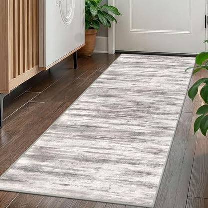 KOZYFLY Modern Abstract Washable Rug Runner 2x5 Hallway Rug Runner Non-Slip Soft Kitchen Runner Rugs, Grey/Light Beige/Brown Striped Carpet for Entryway Bathroom - color: Grey/Light Beige/Brown, size: 2' x 5' (Runner)