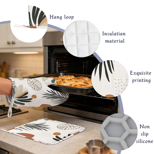 Boho Palm Leaf Potholders & Oven Mitts Sets Abstract Geometric Silicone Heat Resistant Oven Mits and Hot Pads Non-Slip Pot Holders Gloves for Kitchen Chef Cooking Baking Grilling BBQ - color: Boho Palm Leaf,abstract Geometric