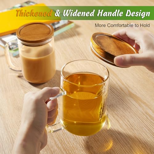 DRASTAR Glass Coffee Mugs, 20 oz Clear Coffee Cups, Coffee Mug with Acacia Wood Lid, Tea Glass Cups with Handles, Large Coffee Mug Set of 2, Glass Coffee Cups for Latte, Espresso, Tea - size: 20 oz