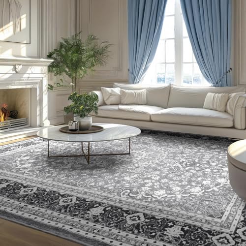 8x10 Area Rugs Living Room, Washable Bedroom Large Rug, Grey White | Boho Low Pile Rug for Dining Room, Floral Medallion Vintage Carpets with Non-Slip Backing, Kids Pet Friendly, Fit All Vacuums - color: Grey White, size: 8' x 10' (Rectangular)