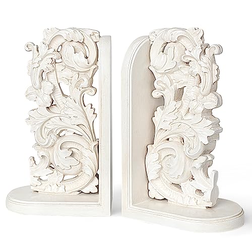 Vintage Heavy Duty Bookends, Decorative Book Ends for Heavy Books, Unique Rustic Bookend Supports for Shelves, Stopper for Books/Movies/CD, Farmhouse Decoration, Distressed White - color: Off-white