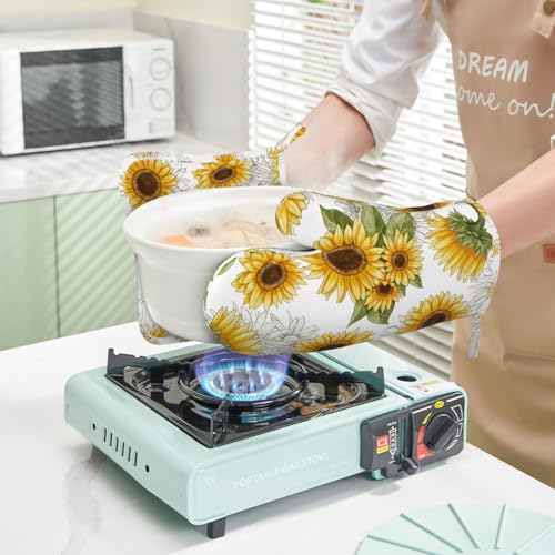 Yellow Sunflower Oven Mitts Pot Holders Set Silicone Heat Resistant Sunflowers Oven Mitts and Hot Pads Yellow Flowers Potholders Non-Slip Oven Gloves for Cooking Baking Grilling BBQ - color: Yellow