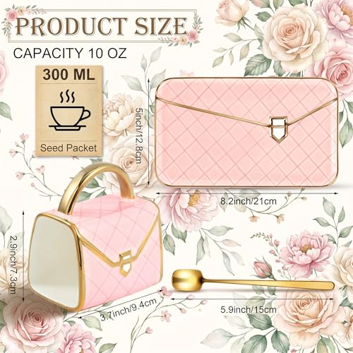 Zubebe 1 Set Coffee Mug Elegant Handbag Shaped Cup Modern Ceramic Purse Mug with Spoon and Saucer, 10oz Cute Creative Tea Cup for Woman Girls Gift (Pink) - color: Pink