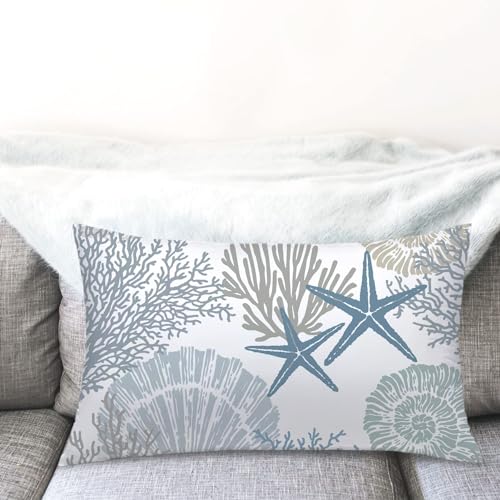 Coastal Lumbar Pillow Covers Set of 2, 12x20, Blue | Soft Velvet Touch, Beach Nautical Starfish Ocean Themed, Decorative Pillow Cases for Bedroom Living Room Sofa - size: 20" x 12" (Pack of 2)