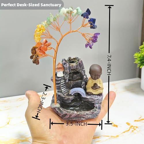 Monk-Blessed Laughing Buddha Backflow Incense Burner, 63-Gemstone Chakra Tree, Temple-Certified Feng Shui Altar Decor for Meditation & Reiki, Mother's Day, Birthday Gift(7.4 Inch)