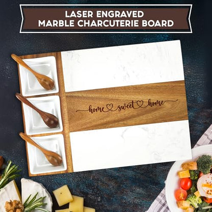 EMM Marble Cutting Board Set, Charcuterie Cheese Boards, 3 Bowls, 3 Spoons, 4 Charcuterie Utensils, Meat, Fruits, Vegetables, Housewarming, Wedding - Home Sweet Home - style: Marble-Home Sweet Home