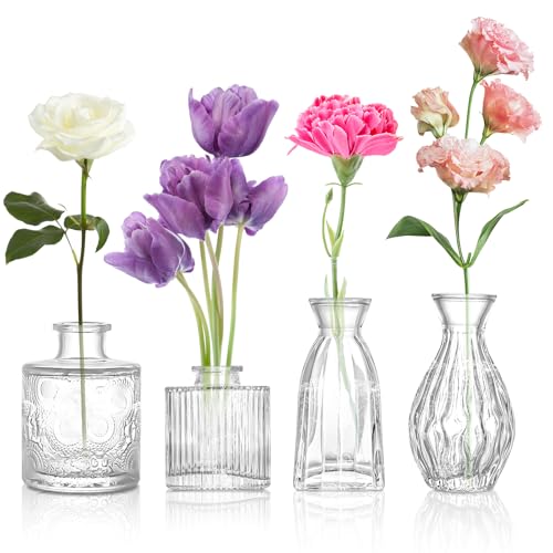 4pcs Clear Glass Bud Vase, Small Glass Vases in Bulk for Flower | Small Thickened Vase, Mini Decorative, Perfect for Flowers with Short Stems, Suitable for Wedding, Parties or Home Decoration