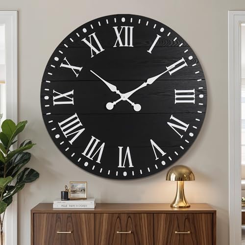 35.5" Large Wall Clock, Decorative Shiplap Clock with Roman Numeral | Black Farmhouse Round Wall Clocks Nearly Non-Ticking for Living Room Decor, Office, Bedroom, Entrance - color: Black