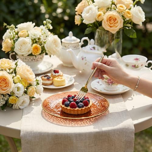 Rubtlamp 200Pcs Brown Plastic Dessert Plates with Gold Rim, 6inch Fancy Amber Plastic Plates Include 100 Hammered Appetizer Plates and 100 Disposable Gold Forks for Party Wedding Birthday - color: Brown gold