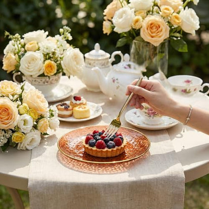 Rubtlamp 200Pcs Brown Plastic Dessert Plates with Gold Rim, 6inch Fancy Amber Plastic Plates Include 100 Hammered Appetizer Plates and 100 Disposable Gold Forks for Party Wedding Birthday - color: Brown gold