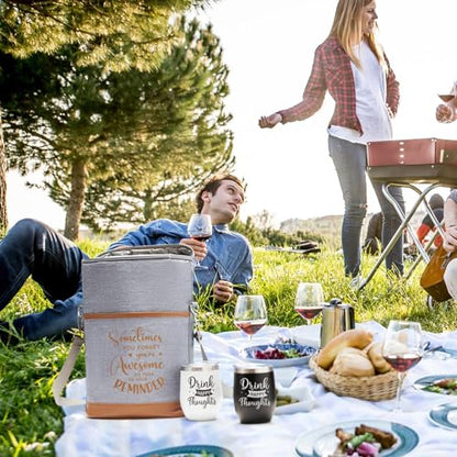 AW BRIDAL Birthday Gifts for Women Men, Drink Happy Thoughts Gift Basket for Housewarming and Beach Camping Travel, Insulated Wine Cooler Bag with Tumbler Mugs and Accessorie Set for Wine Lover Friend - style: Drink happy thoughts