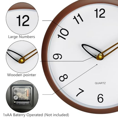 Wall Clock, 12 Inch Wall Clocks Battery Operated, Silent Non Ticking Analog Clock with Large Numbers, Cream Modern Wooden Hands Clocks for Living Room Bedroom Kitchen Hotel Farmhouse, Brown