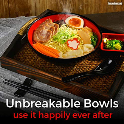 4 Noodle Bowls Set - large 32oz Ramen Bowl Set for authentic Asian Cuisine - with Dipping Bowls, Spoons, Chopsticks & Chopstick Stands. Enjoy Thai Miso Udon Wonton (4 Bowl Set, Red-Black) - color: Red & Black, size: 4 Bowl Set