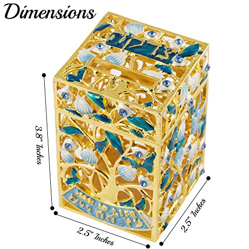 Matashi Hand-Painted Enamel Tzedakah Charity Box Keepsake Treasure Box | Embellished with Crystals and a Tree of Life Motif Design with Gold Accents, Judaica Home Decor Piggy Bank Gift for Holiday