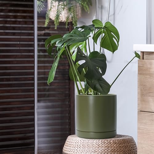 D'vine Dev 10 Inch Ceramic Planter Pot, Olive, 94-O-E-J | Modern Cylinder Design, Drainage Hole & Saucer Included, Stable Structure, Elegant Home Accent - color: Olive, size: Large
