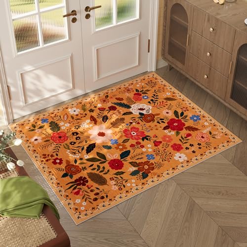 Rugcomf Door Mat Indoor Entrance 2x3 Rug Machine Washable Boho Floral Small Area Rug Non-Slip Low Pile Throw Rugs for Entryway, Kitchen, Front Door Indoor Entrance, Entry, Kids Room (Yellow) - color: Yellow Orange, size: 2' x 3' (Rectangular)