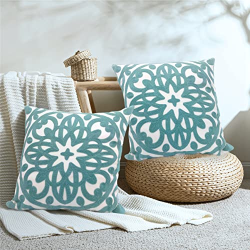 Alysheer Embroidered Decorative Throw Pillow Covers 18"x18" Set of 2 Pieces, Boho Mandala Classic Chic Pattern, Durable 100% Cotton Canvas Cushion Cases for Sofa Couch Living Room(Dusty Aqua Blue) - color: Aqua Blue, size: 18" x 18" (Pack of 2)