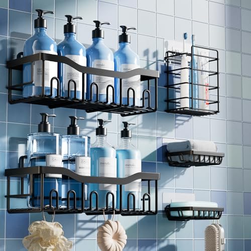 EUDELE 5-Pack Rustproof Stainless Steel Shower Caddy Set– No Drill Adhesive Bathroom Organizer, Space-Saving Shower Shelves for Apartment Essentials, Bathroom/Kitchen Storage Home Decor-L Size - color: Black