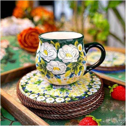 13oz Ceramic Coffee Mug, Hand-Painted Floral Polish Pottery Style Cup, Large Stoneware Tea Mug with Handle, Microwave & Dishwasher Safe (Green) - color: Green