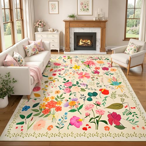 ISEAU Beige Rug for Bedroom 4x6 Area Rugs for Kids Room Dorm Rug, Non Slip | Floral Rug with Non-Slip Botton, Low-Pile and Washable Indoor Carpet for Playroom Nursery Dining Room Dorm Decor - color: Beige, size: 4ftx6ft