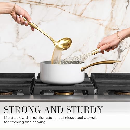 Styled Settings White and Gold Kitchen Utensils, 7-Piece | Nonstick Silicone Cooking Utensils Set with Gold Utensil Holder, White and Gold Kitchen Accessories for Modern Kitchens - color: White and Gold