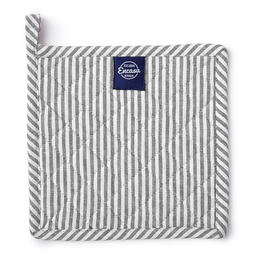 Encasa XO Pot Holders, Quilted Kitchen Hot Pads 8"x8" Ticking Black | 100% Eco-Friendly Cotton | Thick Cotton Padding Insulation | Convenient Hanging Loop | Set of 2 - color: Ticking Black