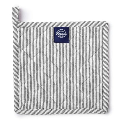 Encasa XO Pot Holders, Quilted Kitchen Hot Pads 8"x8" Ticking Black | 100% Eco-Friendly Cotton | Thick Cotton Padding Insulation | Convenient Hanging Loop | Set of 2 - color: Ticking Black