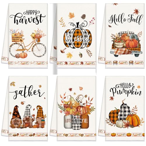 Ganeen 6 Pcs Happy Fall Kitchen Towels Sets Thanksgiving Autumn Pumpkins Fiber Hand Towels Pumpkin Tea Truck Gnomes Bikers Harvest Dishtowels Gifts for Farmhouse Home Kitchen - color: Vintage