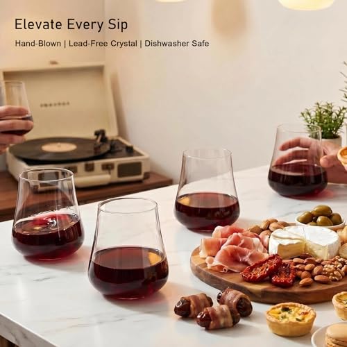 Stemless Wine Glasses Set of 4, 20oz Large, Dishwasher Safe | Hand-Blown, Lead-Free Clear Crystal, No Stem Red Wine Glass, Ready to Gift, Birthday Wedding Christmas Daily Use - size: 20oz - 4 PCS