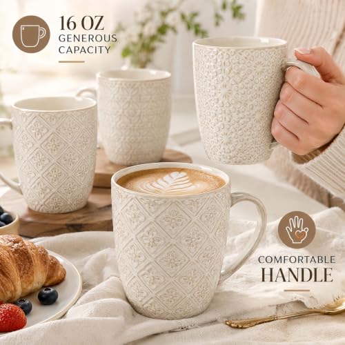 Coffee Mugs Set of 4, 16 Oz Ceramic Coffee Mugs, Large Porcelain Embossed Cups for Cocoa, Tea, Milk, Mocha, Cappuccino, Microwave & Dishwasher Safe, Comfort Handle, 3.5 x 4.5 inch - color: C1