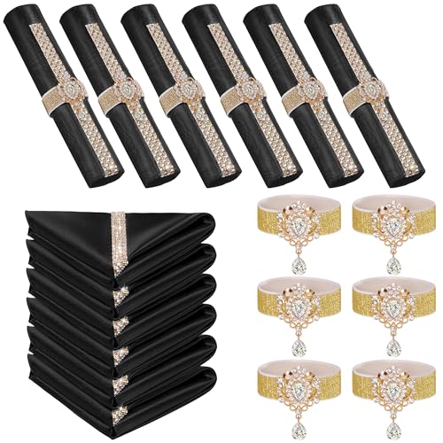 12 Pack Black Satin Bling Cloth Napkins & Gold Napkin Rings Set of 6 | 17x17 Inch Personalized Wedding Napkins, Square Fancy Dinner & Cocktail Napkins for Bridal Shower, Party Table Décor - color: Black