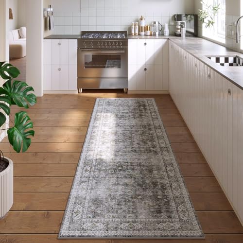 Rugcomf Runner Rug for Hallways Kitchen Non Slip 2'x 6' Washable Rugs with Rubber Backing Soft Floral Carpet for Hallways, Kitchen, Laundry, Bedroom, Bathroom(Grey) - color: Grey, size: 2' x 6' (Rectangular)