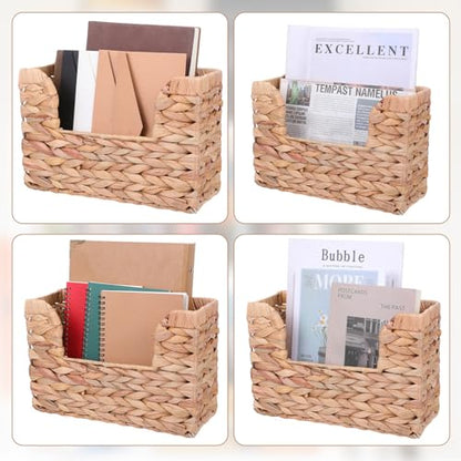 WLLHYF Woven Hanging Magazine Holder Water Hyacinth Storage Basket Wall Mounted Wicker Organizer Boho Modern Farmhouse Book Rack with Handle File Newspaper Mail Holder for Home Office